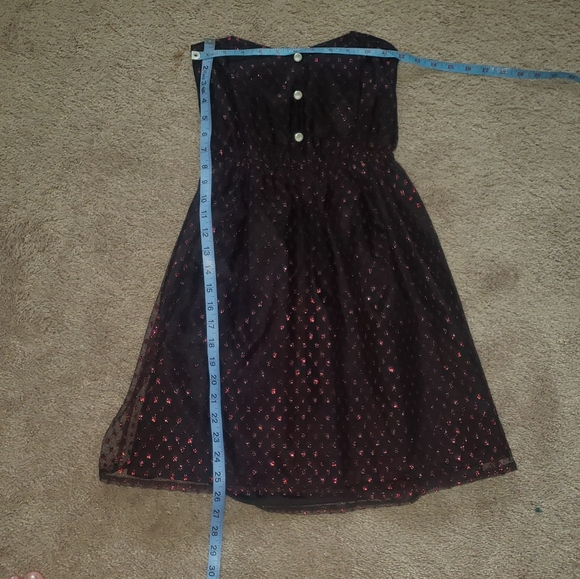 Alice xs strapless mesh overlay shiny red embroidered dot pattern smocked back - Picture 9 of 10